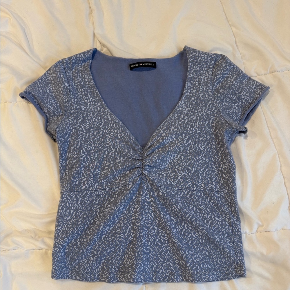 Brandy Melville Blue Patterned V-Neck Tee